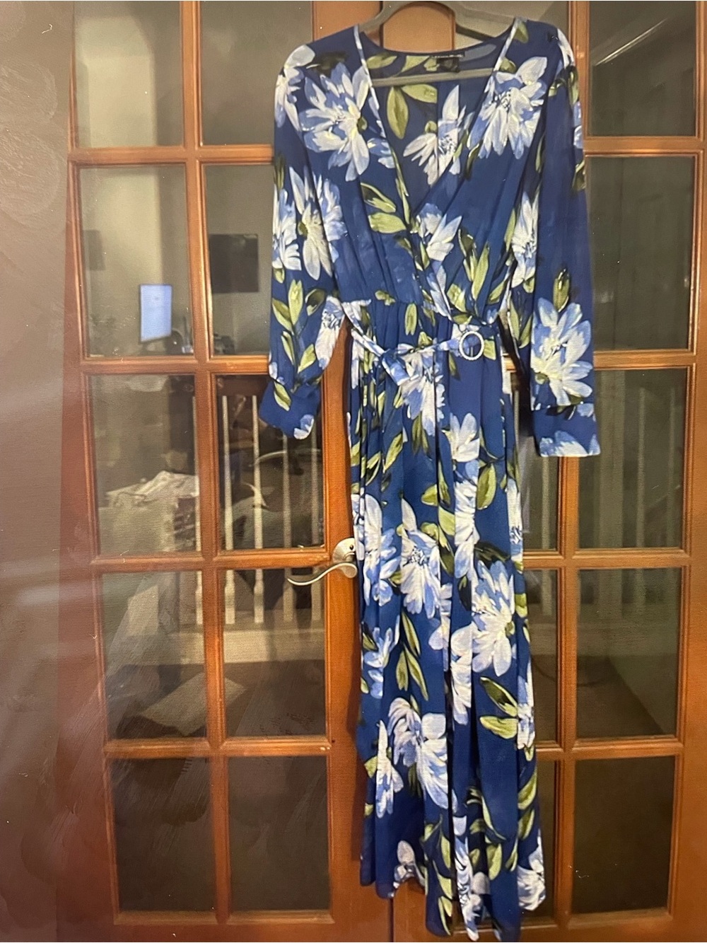 Blue Floral Wrap Maxi Dress with Belted Waist